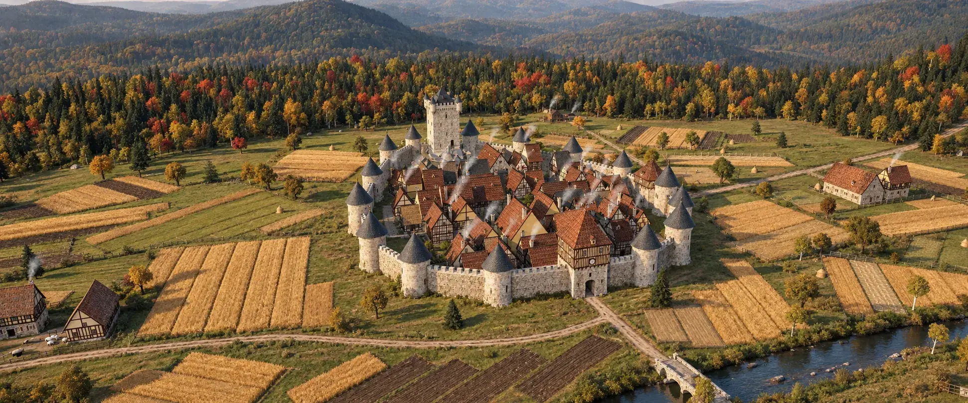 Artist’s impression of Castel Roc: the walled village, its keep and half-timbered houses, among strip fields, autumn forest and the stream