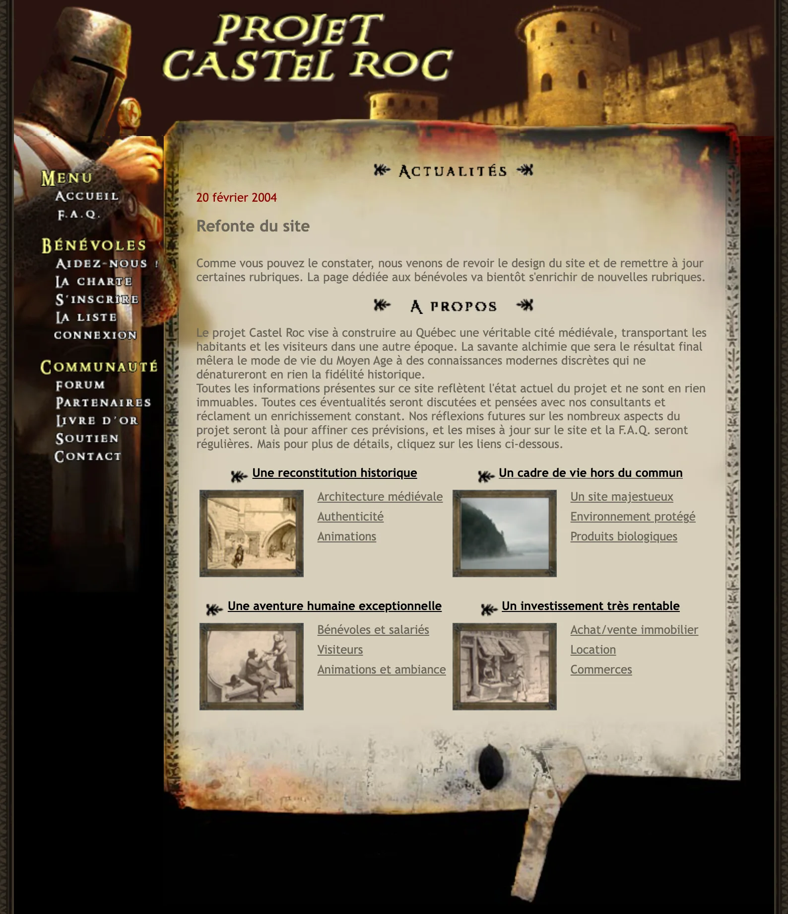 The home page of the Castel Roc project website in 2004: a knight, ramparts, and a parchment with the news and the project presentation