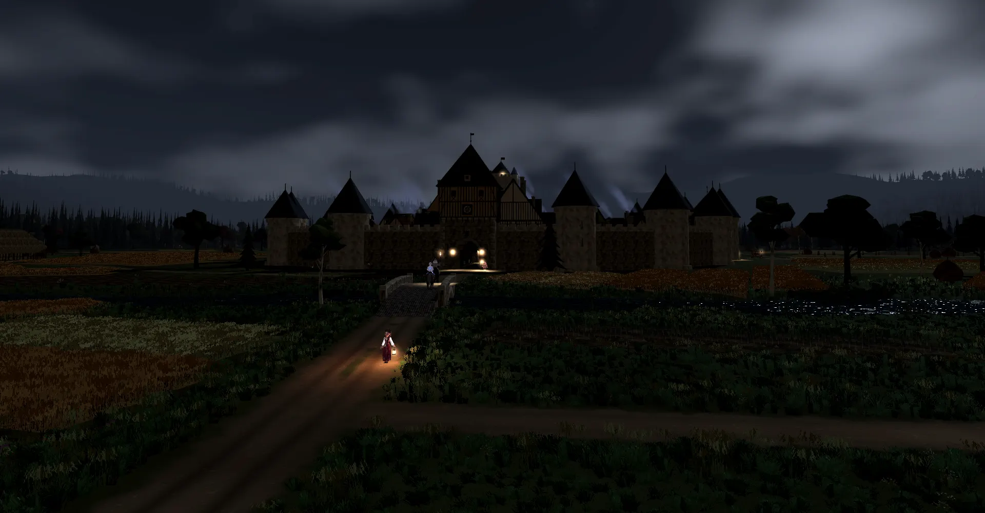 Castel Roc at night, in the model: a visitor with her lantern on the path, the bridge and the village gate lit by torches, under a cloudy sky