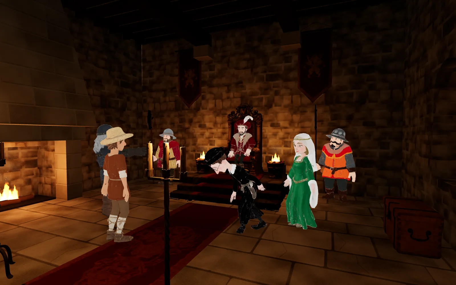 The throne room of the Castel Roc keep: the lord on his throne, the guards, the banners