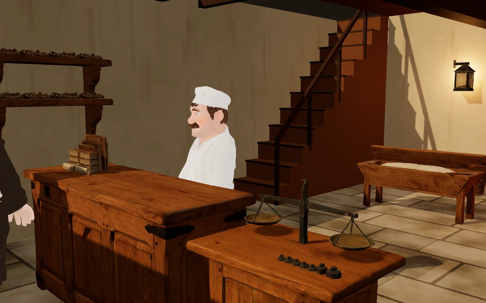 The show bakery: the oak counter, the scales, the bread oven and the baker