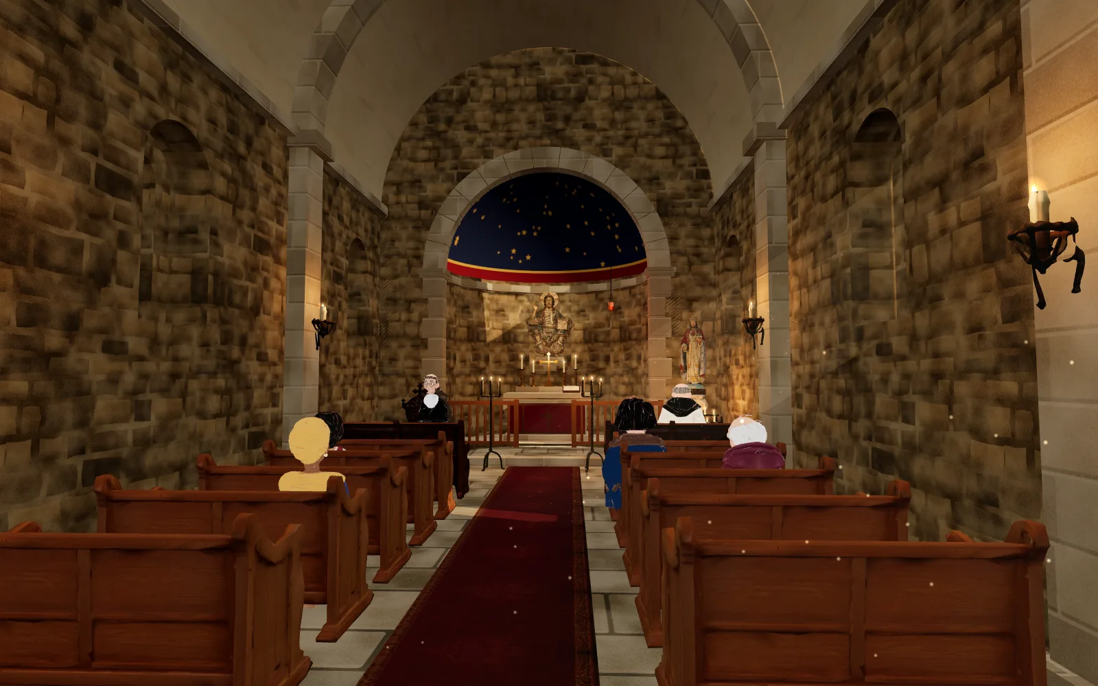 The nave of the Castel Roc church, its pews and the chancel under its starry vault