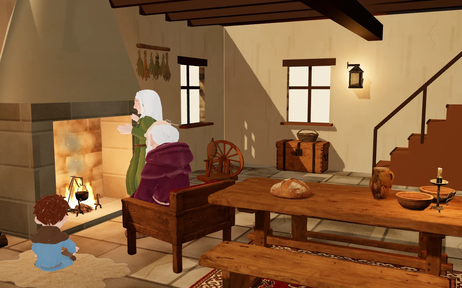 The common room of the show home: the hearth, the oak table, the dresser and the villagers