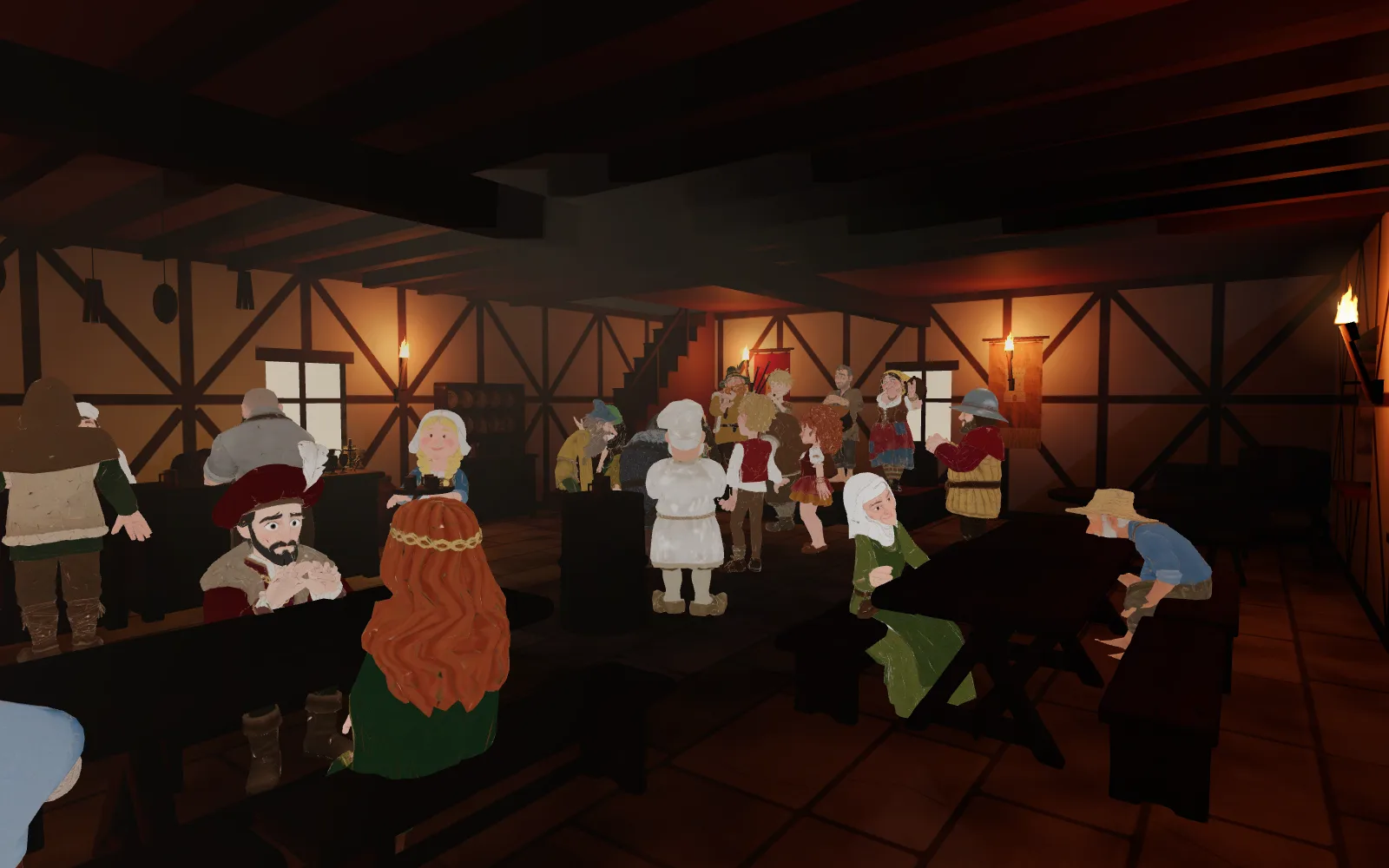 The hall of the Bear Tavern on a feast night: the long tables, the dancers at the back and the torches on the walls