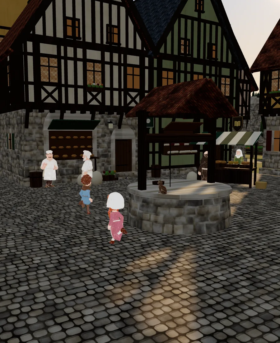 The market square: the well, the stalls, the baker outside his shop and children running on the cobblestones