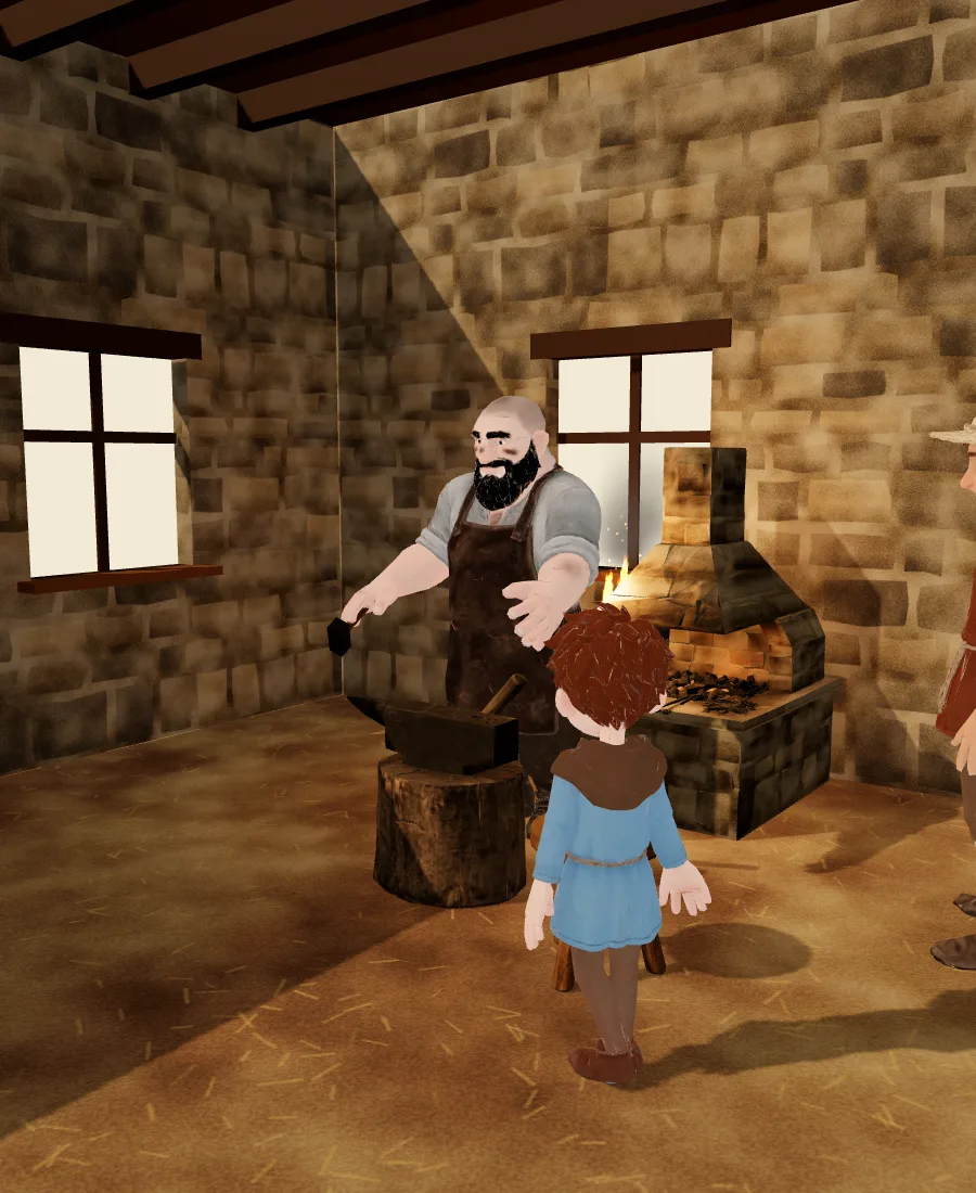 In the forge, the blacksmith shows the anvil to a young apprentice