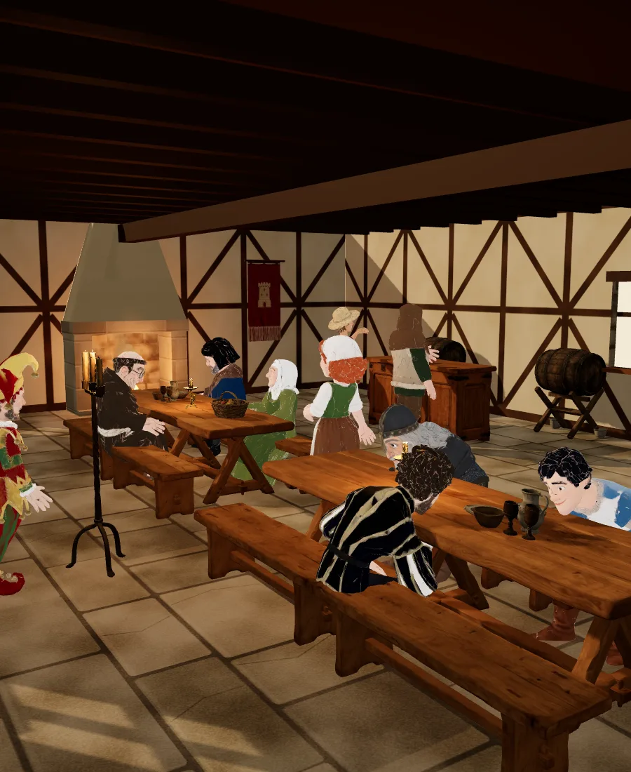 A long table at the tavern: villagers on wooden benches, by the fireplace